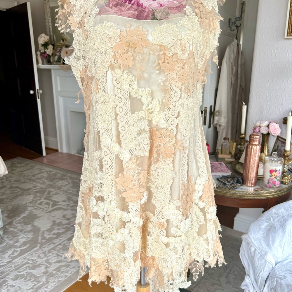 One of a Kind custom Lace Roses long top with satin under slip top L